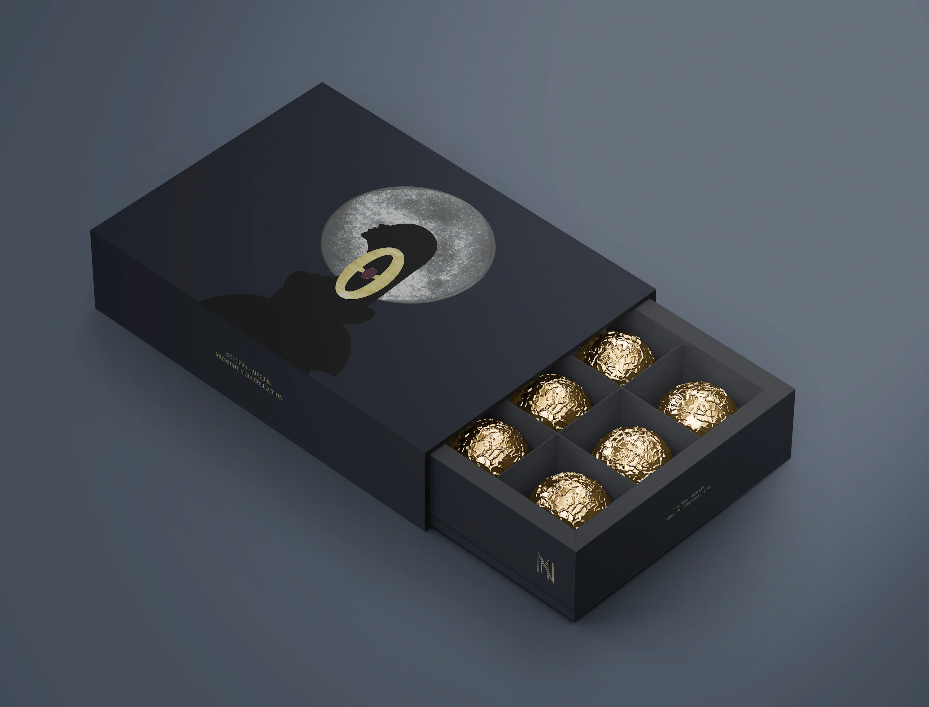 chocolate box mockup for Noctéra × Aurelis Midnight Aura collection